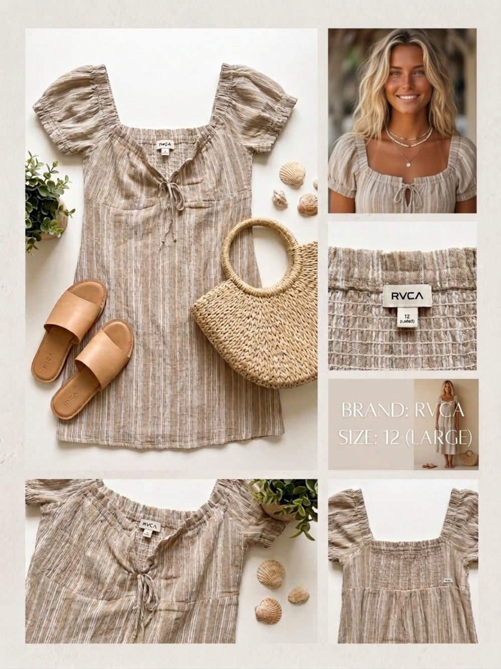 RVCA Beige Striped Square-Neck Tie-Front Tunic